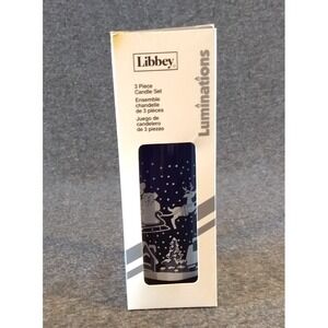 Vtg Libbey Christmas Candle Holder Cobalt Blue + Glass Votive & Candle Santa NEW
